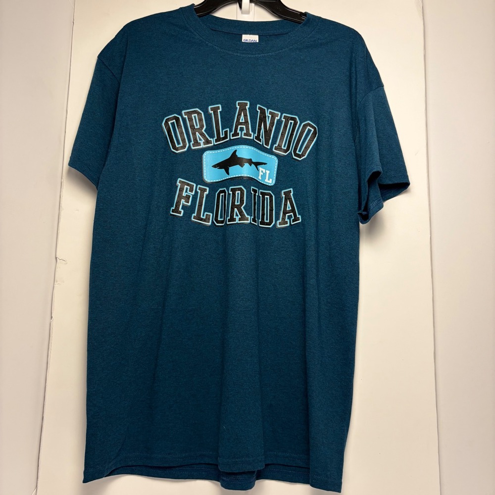 Gildan Orlando Florida Shark Graphic T-Shirt Mens Large Midnight‎ Teal New